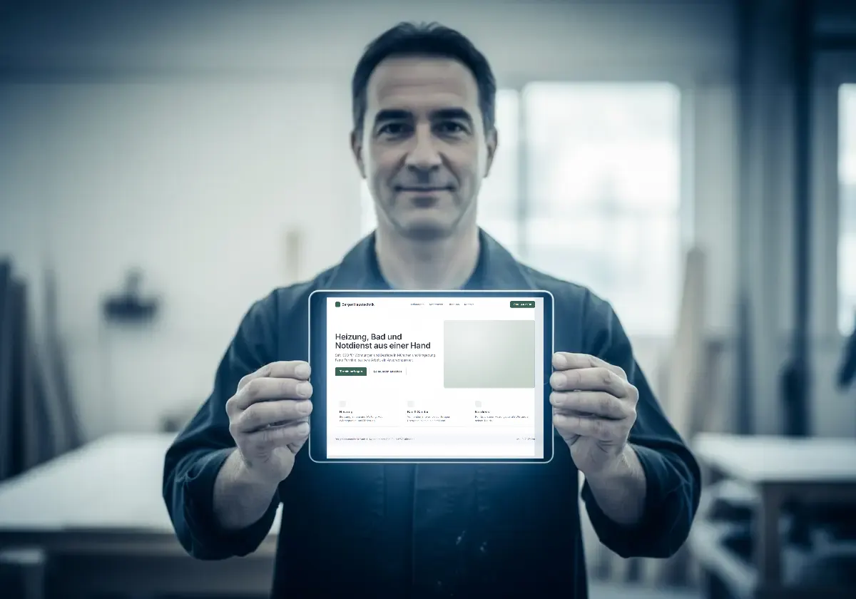 Handwerker in seiner Werkstatt hält ein Tablet mit seiner neuen Website in die Kamera